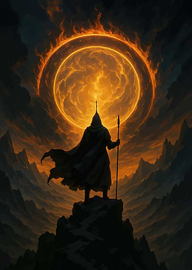 Mysterious figure before a fiery sun