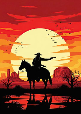Cowboy on Horse with Gun at Sunset