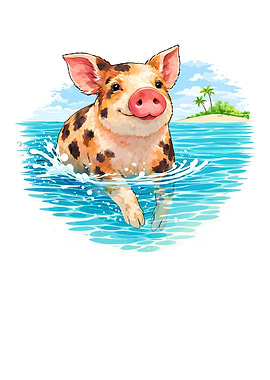 Cute Pig Swimming in Tropical Ocean