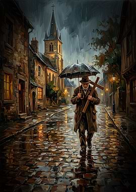 Man Carrying Cross in Rain