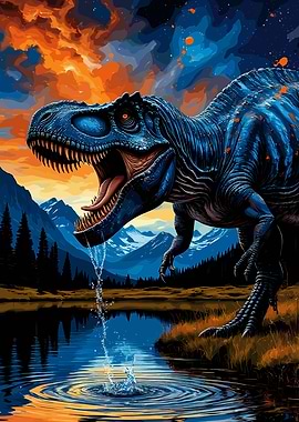 Blue Dinosaur Drinking Water
