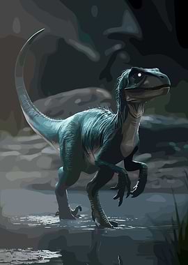 Blue Velociraptor in a Dark Forest