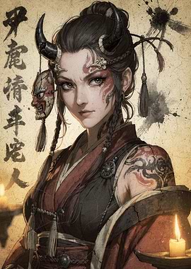 Demon Woman with Horns and Mask