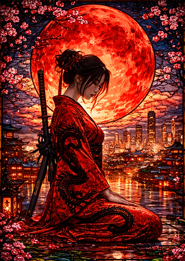 Samurai Woman Under a Blood Moon
