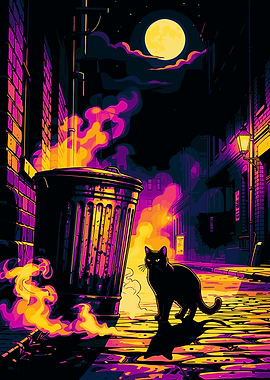 Black Cat in Alley with Fire