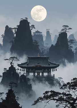 Misty Mountains Temple Under Full Moon