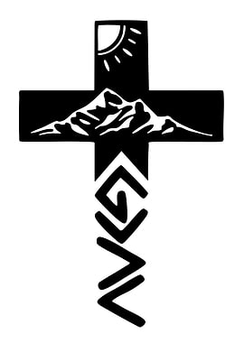 Christian Cross with Mountains and Sun