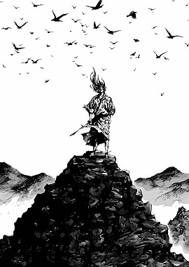 Samurai on Mountain Top with Birds