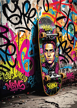 Skateboard with Portrait on Graffiti Wall