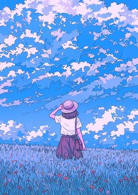 Girl in a field under a cloudy sky