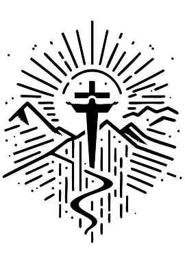 Jesus Christ on Cross with Mountains and Sun