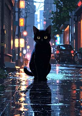 Black Cat in Rainy City Night