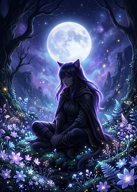 Cat girl under the moon