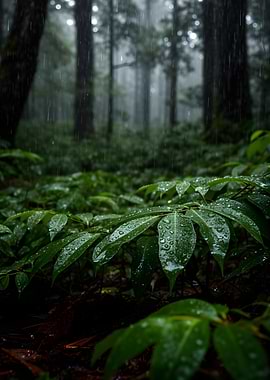 Rainy Forest with Lush Green Leaves