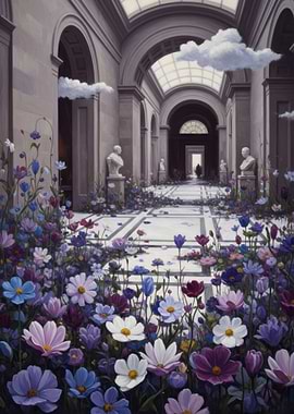 Surreal Museum Hallway with Flowers and Clouds