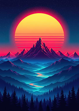 Retro Mountain Sunset Landscape