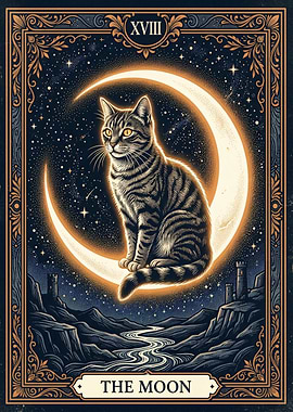 The Moon Tarot Card with Cat