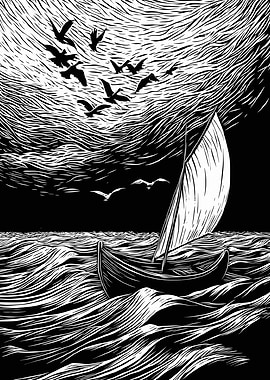 Sailboat on Stormy Seas with Birds