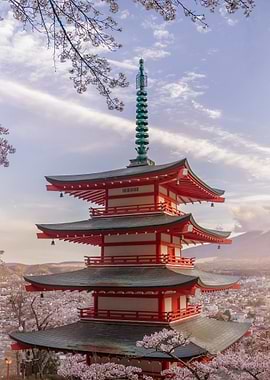 Pagoda with Cherry Blossoms and Mount Fuji