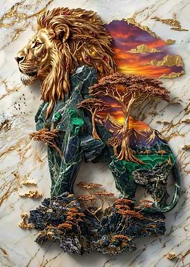 Majestic Lion Sculpture with Landscape Interior