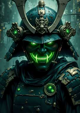 Cyberpunk Samurai with Green Glowing Eyes
