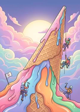 Climbers Ascend Melting Ice Cream Mountain