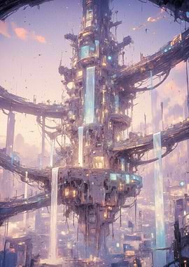 Futuristic Cityscape with Waterfalls
