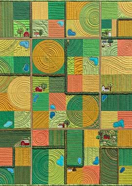 Quilted Farm Landscape with Fields and Barns