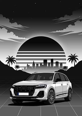White audi SQ7 Sunset Cityscape