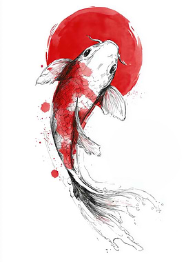 Japanese Koi Fish with Red Sun