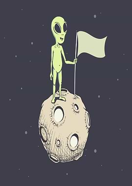 Alien planting flag on moon