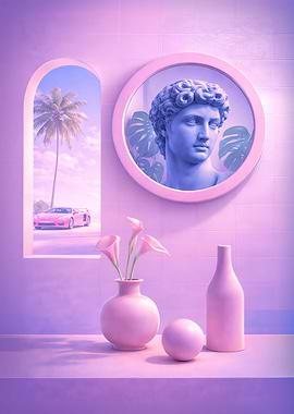 Retro Surrealist Interior with Classical Bust