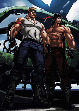 Two muscular men in combat gear