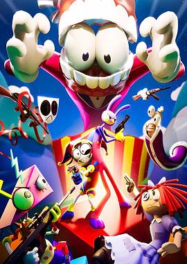 Cartoon characters with guns in a circus setting