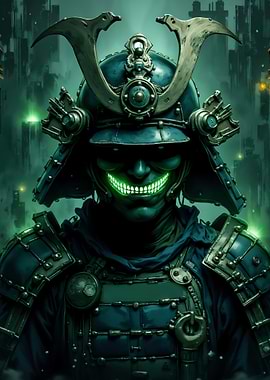 Cyberpunk Samurai with Glowing Green Smile