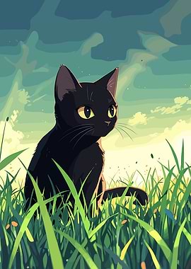 Black Cat in Grassy Field