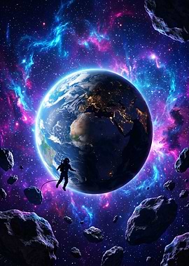 Astronaut floating near Earth in space
