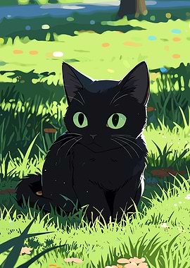 Black Cat in Green Grass