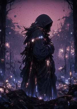 Mysterious hooded figure in a glowing forest