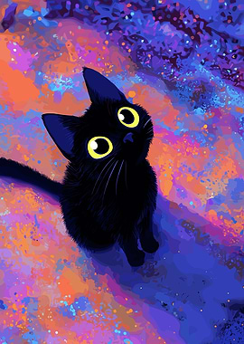 Cute Black Cat in Cosmic Background