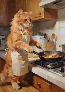 Cat Cooking in Kitchen