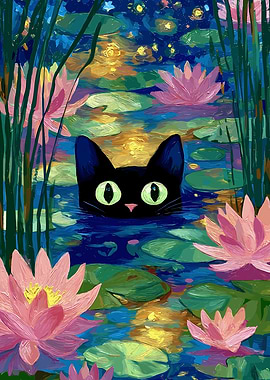 Black Cat in a Water Lily Pond