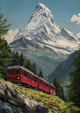 Red Train Ascends Mountain Pass