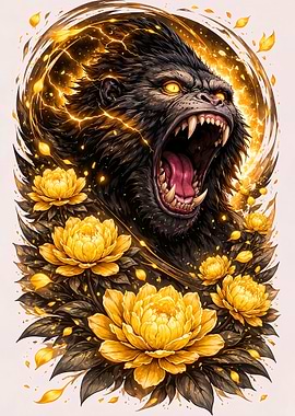Roaring Gorilla with Lightning and Blossoms