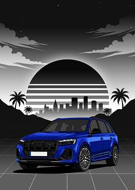 Blue audi SQ7 sunset Cityscape