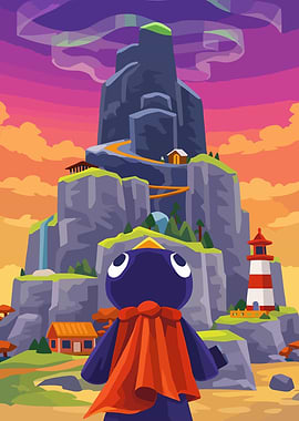 Cute character looking at a mountain landscape