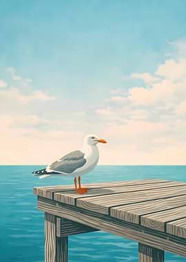 Seagull on a Wooden Dock