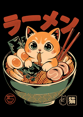 Cute Cat Eating Ramen