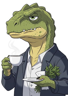 Dinosaur in a Suit with Coffee