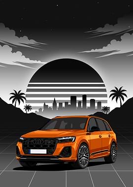 orange audi SQ7 Sunset Cityscape